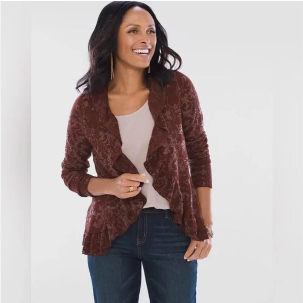 Chico's Rust Brown Burnout Cardigan Open Front Ruffle Trim Print Sweater Sz 1/ M